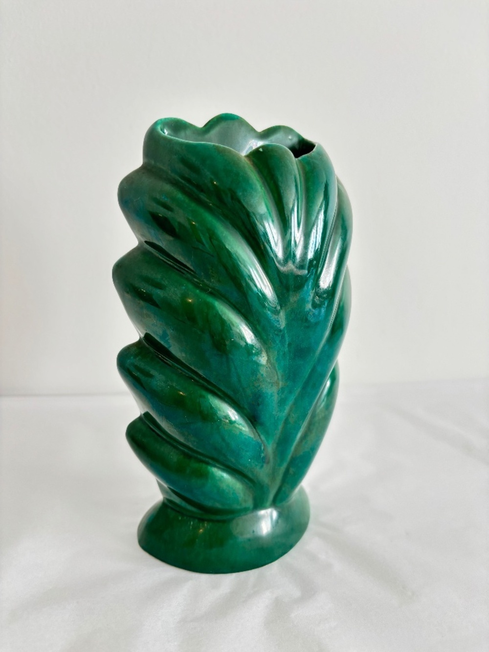 Mid Century Art Deco green glazed ceramic vase 2 sided with gazelle leaf design